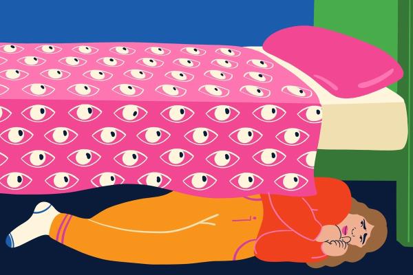 Illustration of a woman hiding under her bed in an attempt to avoid facing the things she's dreading. Her pink bedspread is covered with eyes that seem to be watching her and magnifying her dread.