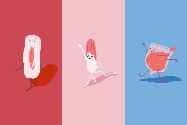 Illustrations of a a pad, a tampon and a menstrual cup strutting across the page. The items all have faces on them and appear proud and happy.