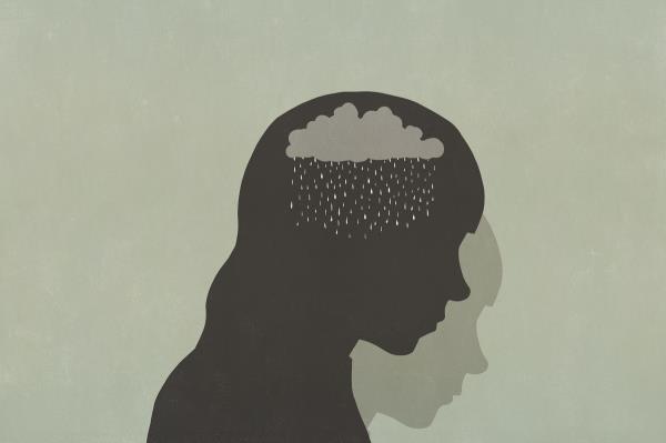 Illustration featuring a gray silhouette of a long-haired teenager with their head lowered. A raincloud replaces the space in her head wher<em></em>e her brain would be, representing a storm of emotions.