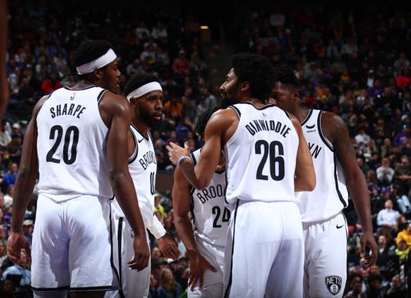 The Brooklyn Nets huddle up during the game against the Utah Jazz