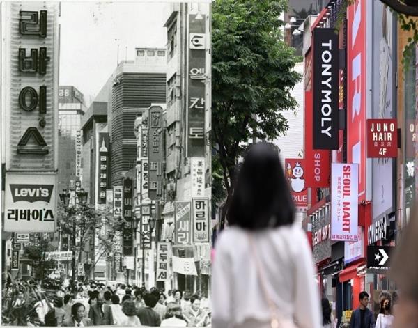 These two photos show the same street in Seoul's Myeong-dong in the late 1980s (left) and now (right), illustrating a notable general shift in the main language used on outdoor signs from Korean to English. (Lee Sang-sub/ The Korea Herald)