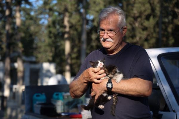 Dinos Agiomamitis, an elderly Cypriot who has been feeding around sixty stray cats every morning for the past 25 years, holds kittens at one of the largest cemeteries in Nicosia, on June 14, 2023. — AFP pic